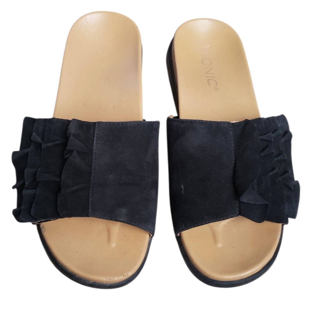 Vionic Slides Black Womens Roni Size 6 Suede Ruffle Shoes Detail Slip-On Sandals - Picture 2 of 15
